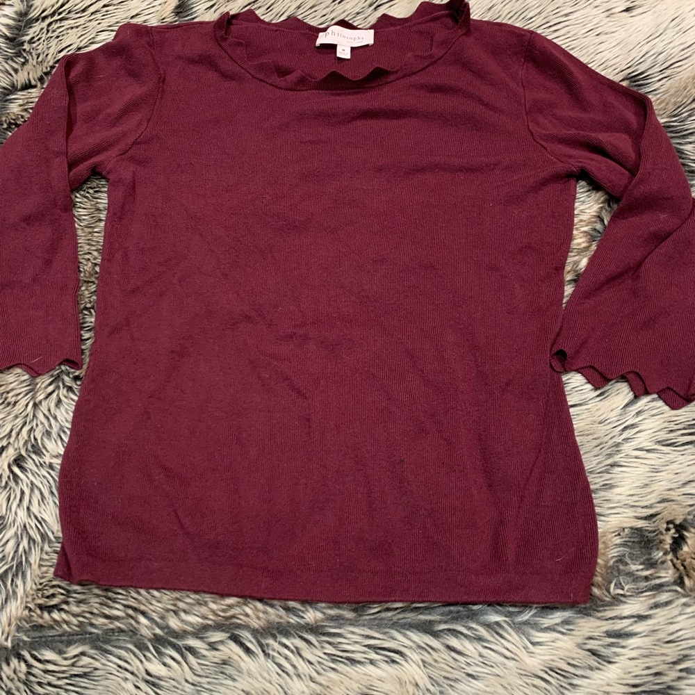 Philosophy Sweater Size M Burgundy Scallop Neck 3/4 Sleeves Knit. Size M
